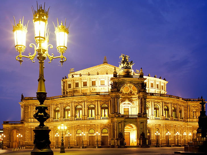 Semper Opera Germany, cathedral and lamp post, HD wallpaper
