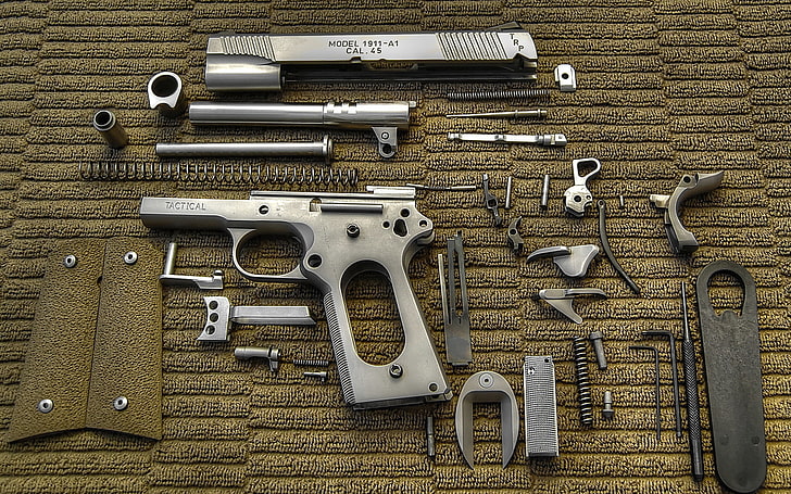 black semi-automatic pistol, gun, weapons, details, directly above