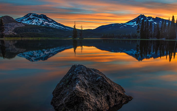 Sunset, lake, water reflection, mountains, trees