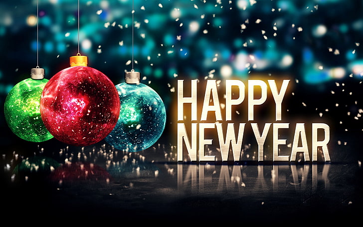 Happy New Year digital wallpaper, snow, Christmas ornaments, illuminated