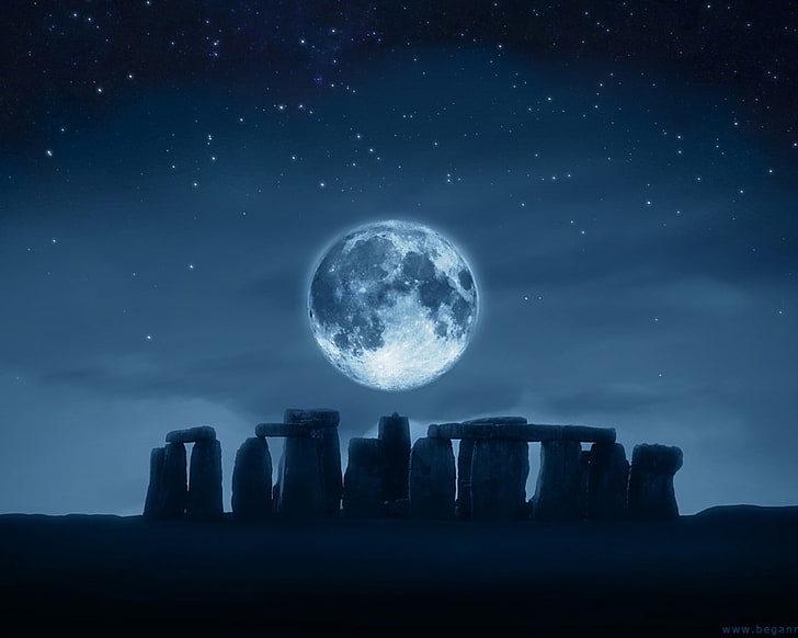 Stonehenge, digital art, Moon, sky, nature, night, no people, HD wallpaper
