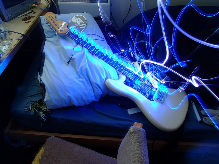 guitar, electric guitar, human body part, indoors, blue, illuminated