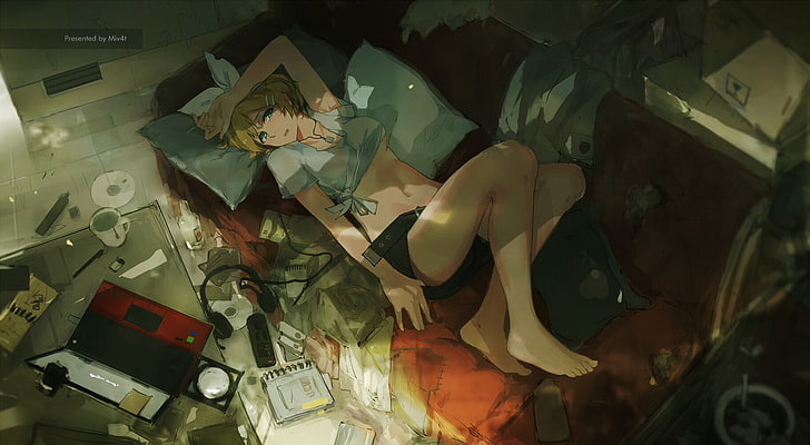 Kagamine Rin, Vocaloid, underboob, representation, indoors, HD wallpaper