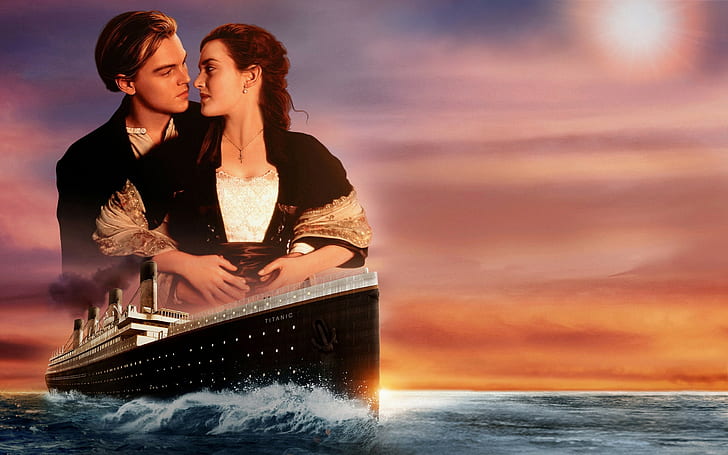 Titanic, couple in love, Leonardo DiCaprio, Kate Winslet, Sunset, HD wallpaper