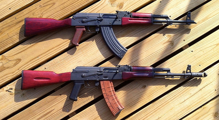 two brow-and-black AK-47's, weapons, machine, Kalashnikov, AKM, HD wallpaper