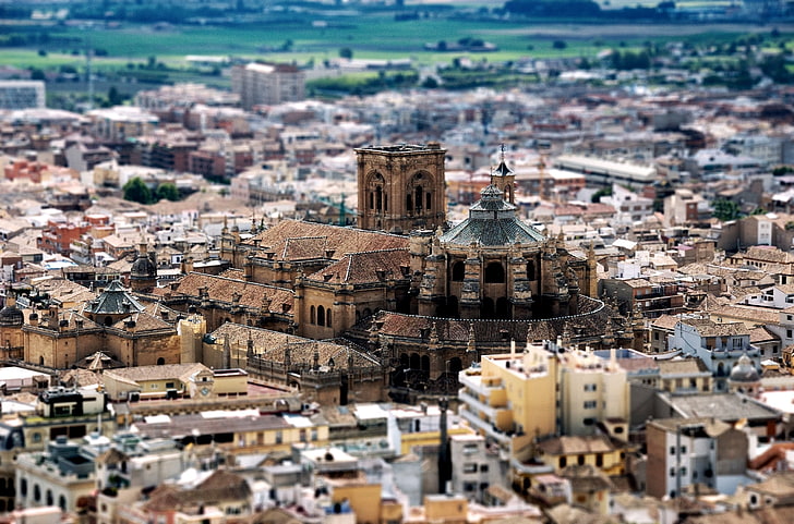 brown cathedral, city, tilt shift, Granada, Spain, roof, europe