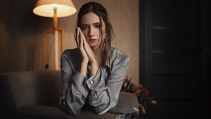 women's gray dress shirt, Disha Shemetova, portrait, Sergey Fat