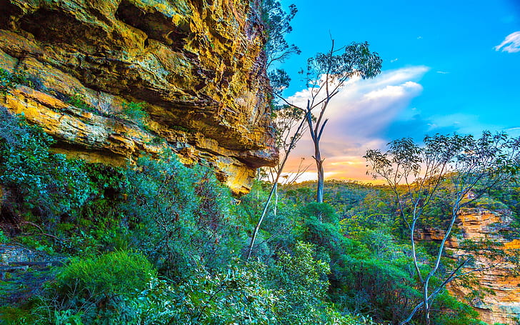 Blue Mountains National Park, Australia, rocks, trees, sky, clouds, sunset, HD wallpaper