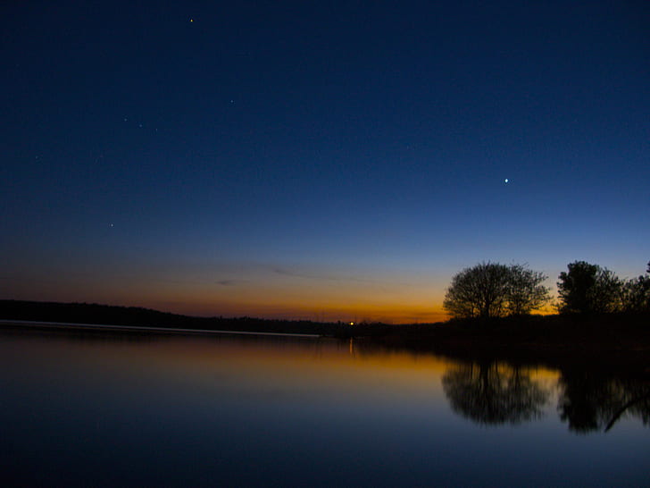 silhouette of trees near on body of water during nighttime, orion, HD wallpaper