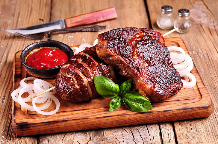 bow, meat, sauce, steak, Basil, food, food and drink, meal, HD wallpaper