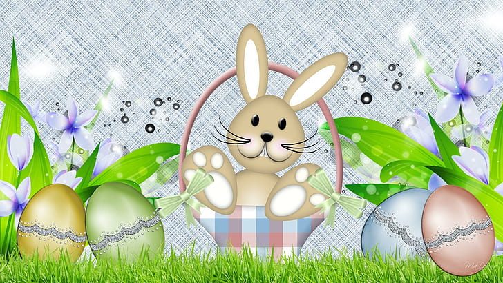 Spring Bunny Easter Eggs, stars, grass, cute, flowers, rabbit, HD wallpaper