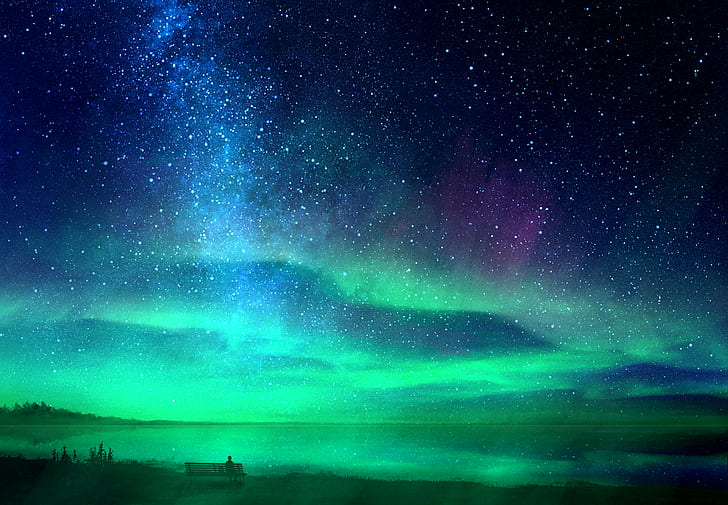 Fantasy, Sky, Aurora Australis, Lake, Night, Stars, HD wallpaper