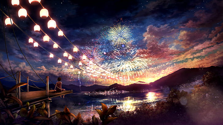 night, lantern, clouds, fireworks, water, artwork, anime girls, HD wallpaper