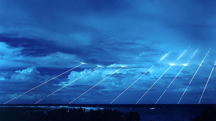 pine trees, clouds, sea, missiles, lights, blue, Marshall Islands
