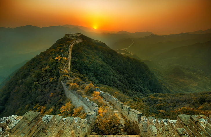 Great Wall of China, sunset, hills, mountains, mist, abandoned