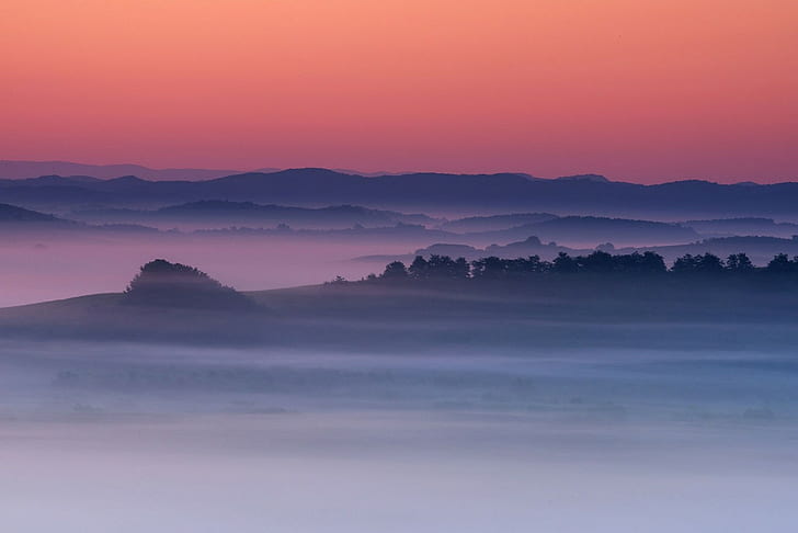 nature, photography, landscape, morning, mist, valley, hills, HD wallpaper
