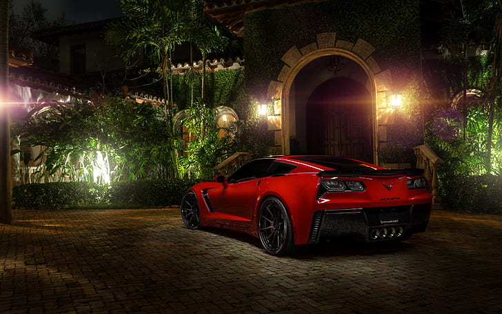 Chevrolet Corvette C7 Z06 red supercar, night, lights, red sports coupe, HD wallpaper