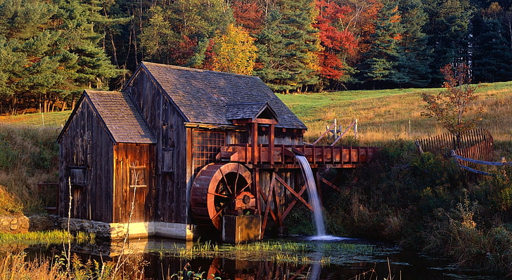 Gristmill, Guilford, Vermont, brown wooden water mill, Nature