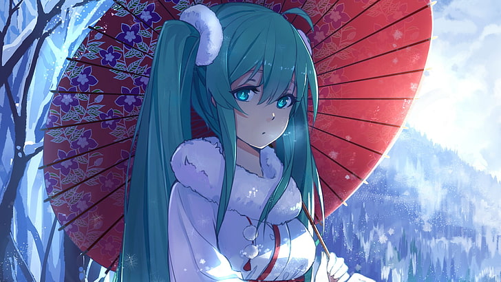 girl character with green hair holding umbrella digital wallpaper