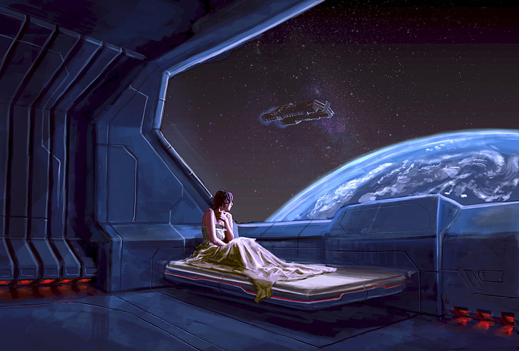 woman sitting on white mattress illustration, girl, planet, ship