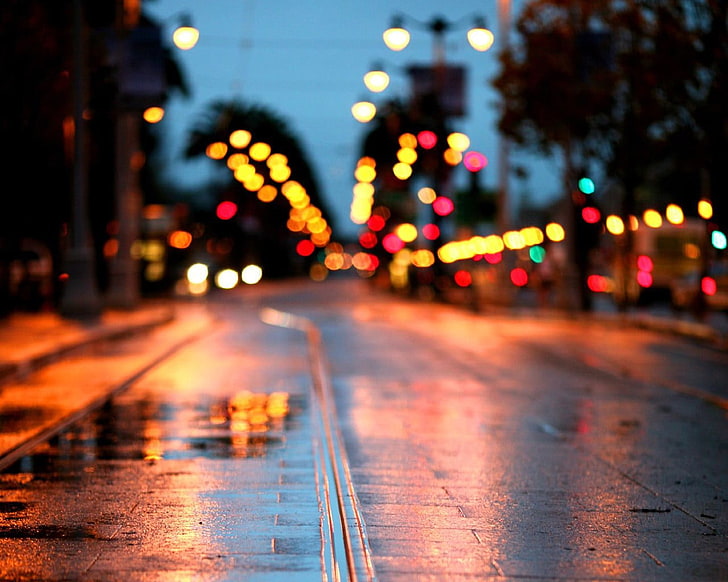 gray concrete road, asphalt road during night, bokeh, lights