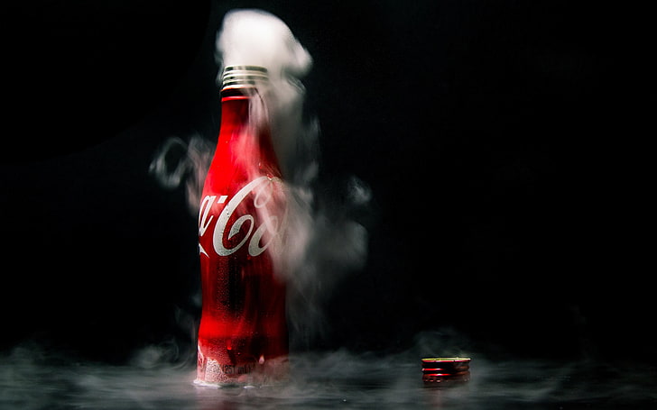 coca cola, black background, studio shot, smoke - physical structure, HD wallpaper