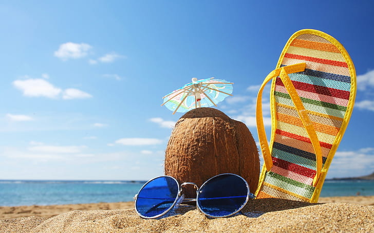 Summer beach holiday coconut, gray framed sunglasses; coconut drink and multicolored flip flops, HD wallpaper