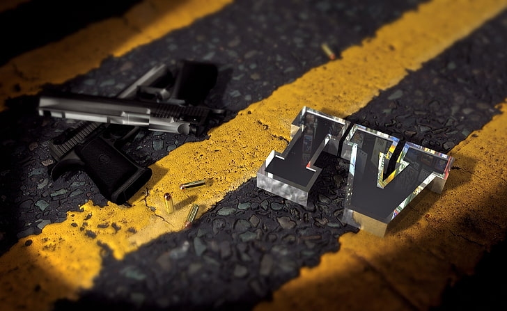 GTA 4, gray and black pistol on yellow and gray ground illustration