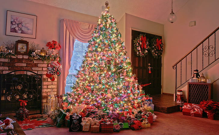 christmas, holiday, tree, presents, fireplace, home, HD wallpaper