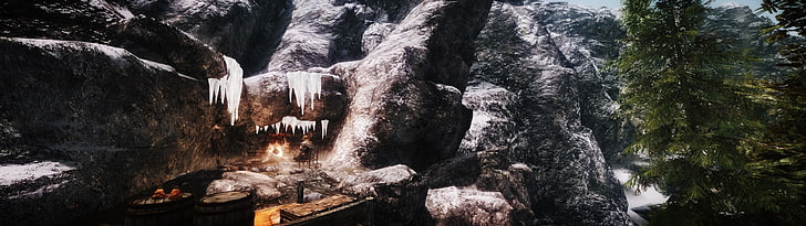 mountain covered with snow, The Elder Scrolls V: Skyrim, multiple display, HD wallpaper