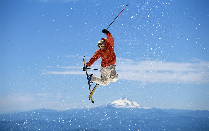 man wearing orange jacket ski boarding, Skiing, Stunt, HD
