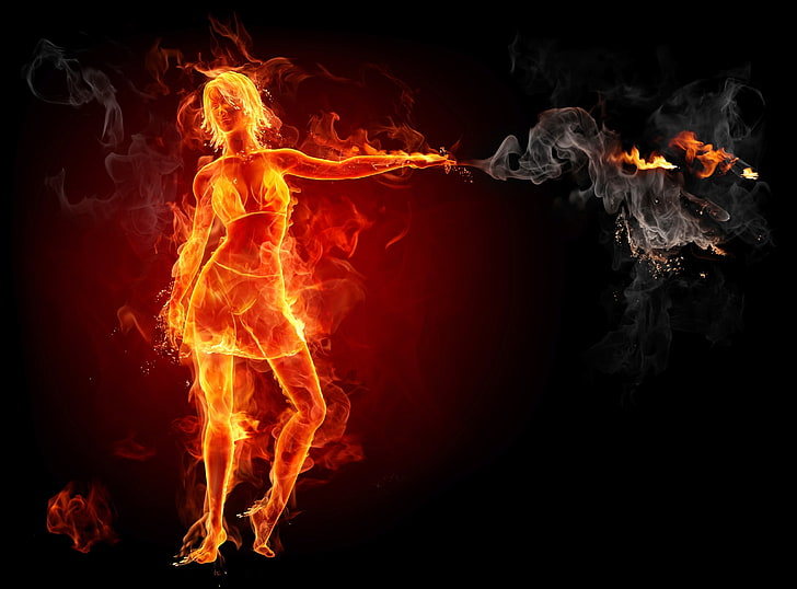 Hot Girl On Fire, female flame avatar digital wallpaper, Elements, HD wallpaper