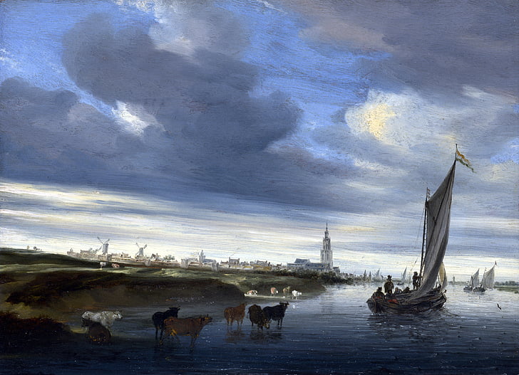 art, boats, cow, from, pictorial, rhenen, ruysdael, sailing, HD wallpaper