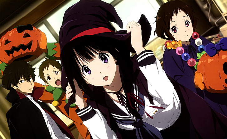 four anime characters wallpaper, Hyouka, Halloween, anime girls