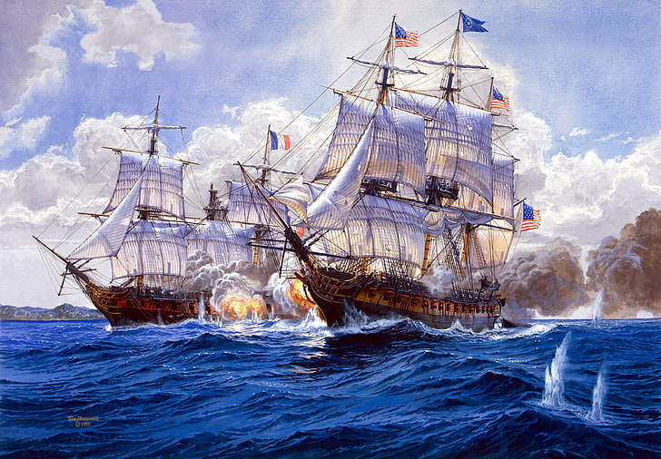 two brown galleons illustration, explosions, ships, bursts, battle, HD wallpaper