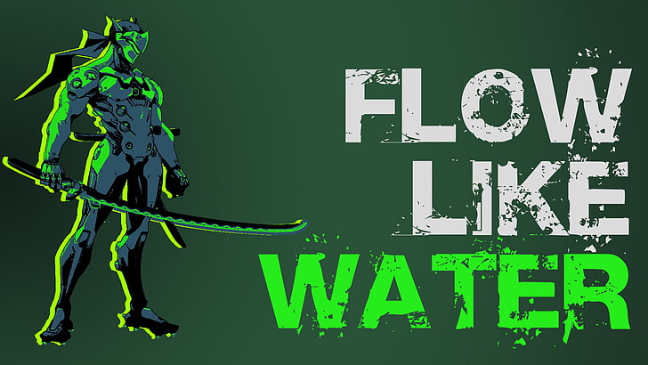 flow like water text, Overwatch, Genji (Overwatch), green color, HD wallpaper