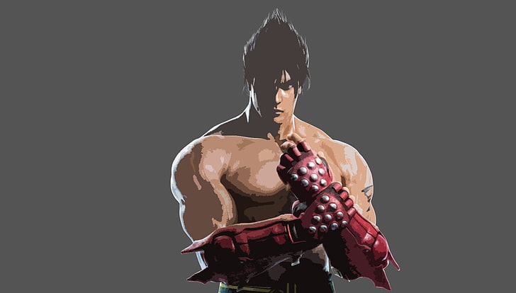 Tekken, Jin Kazama, simple background, shirtless, studio shot