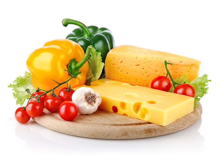 cheese, tomato, and bell peppers, cheeses, vegetables, plate, HD wallpaper
