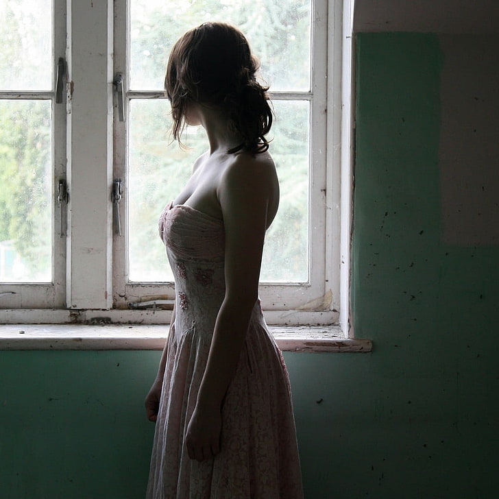 women's pink floral strapless dress, model, Imogen Dyer, window