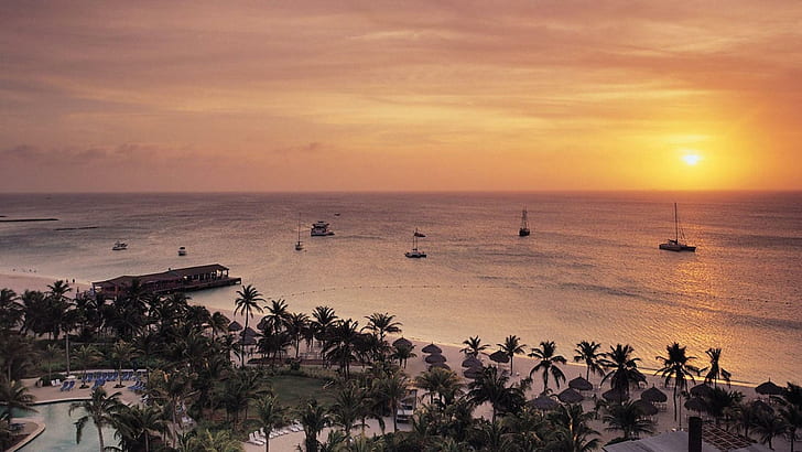 Radisson Resort On Aruba At Sunset, reort, boats, nature and landscapes