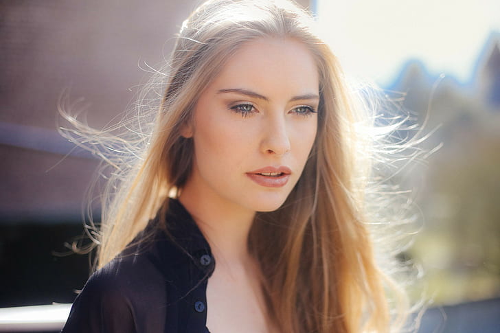 women blonde blue eyes face david olkarny portrait, long hair, HD wallpaper