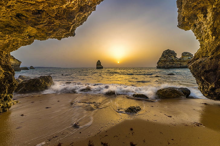 nature, landscape, cave, beach, rock, sea, sand, horizon, Portugal, HD wallpaper