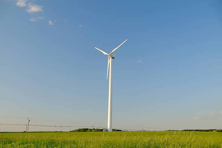windmill, sky, landscape, field, wind farm, turbine, wind turbine, HD wallpaper