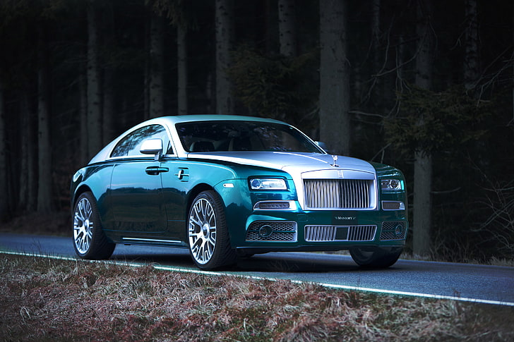 green and silver Rolls Royce Phantom coupe, tuning, mansory, rolls-royce