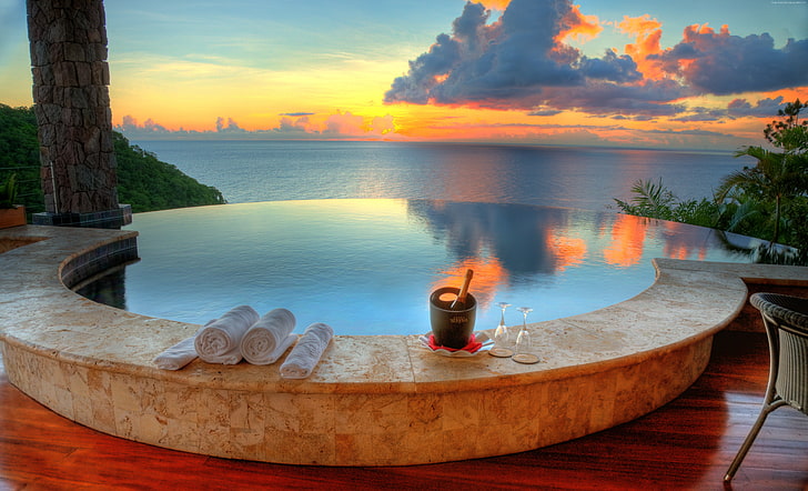 resort, Saint Lucia, sunrise, ocean, tourism, The best hotel pools 2017, HD wallpaper