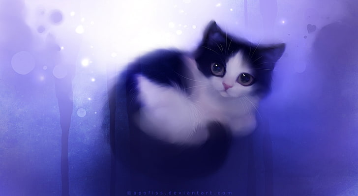 Cute Kitty Painting, short-furred white and black act, Artistic, HD wallpaper