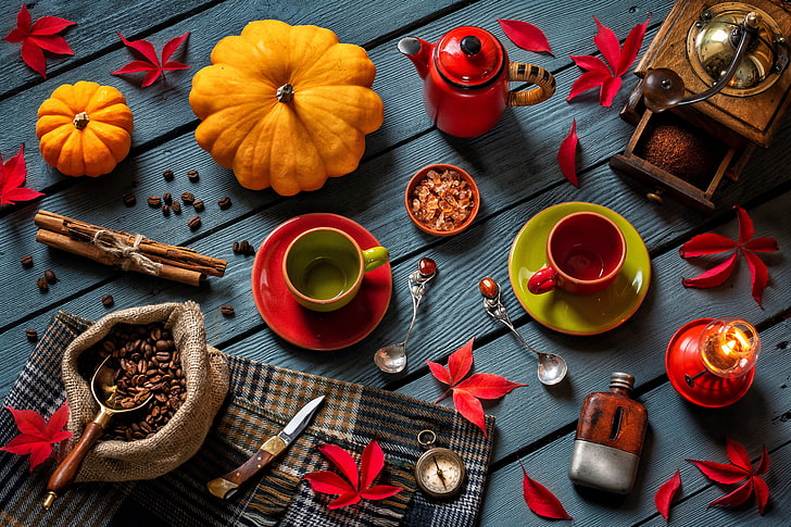 leaves, style, coffee, candle, kettle, knife, pumpkin, mugs, HD wallpaper