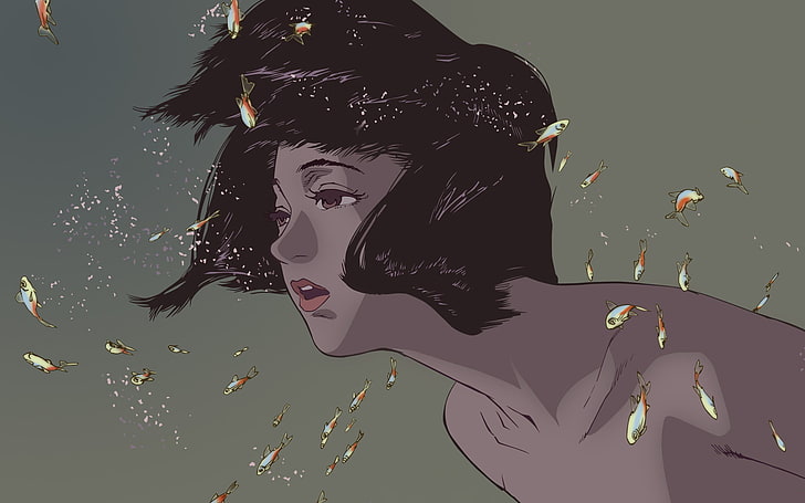 black haired woman illustration, anime girls, Perfect Blue, fish