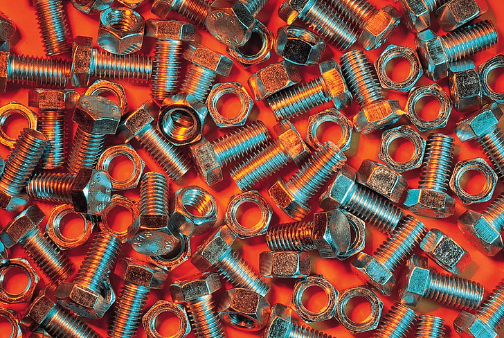 gray nuts and bolts, metal, orange background, screw, steel, equipment, HD wallpaper