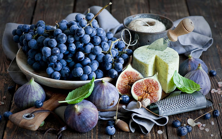 food, lunch, fig, Black Grapes, blueberries, cheese, fruit, HD wallpaper